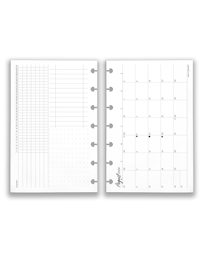 Jane's Agenda 2026 Monthly discbound planner refill with monthly habit tracker grid, dot grid notes, and task list with vertical monthly calendar with moon phases – planner insert pages
