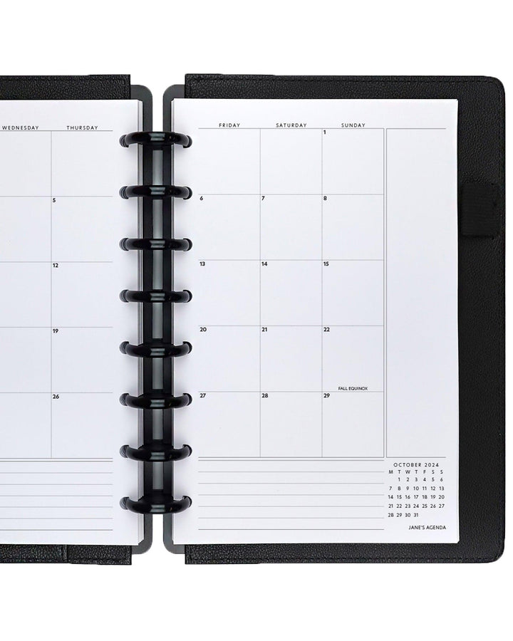The Essential Agenda monthly planner inserts in Monday or Sunday Calendar styles for discbound and six ring planner systems by Jane's Agenda.