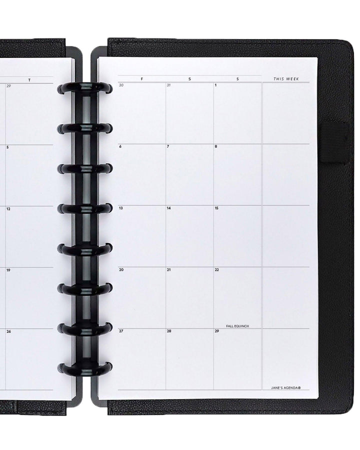 Monthly calendar planner inserts and refill pages for a discbound planner, disc notebook, and ring bound six ring planner system by Jane's agenda.
