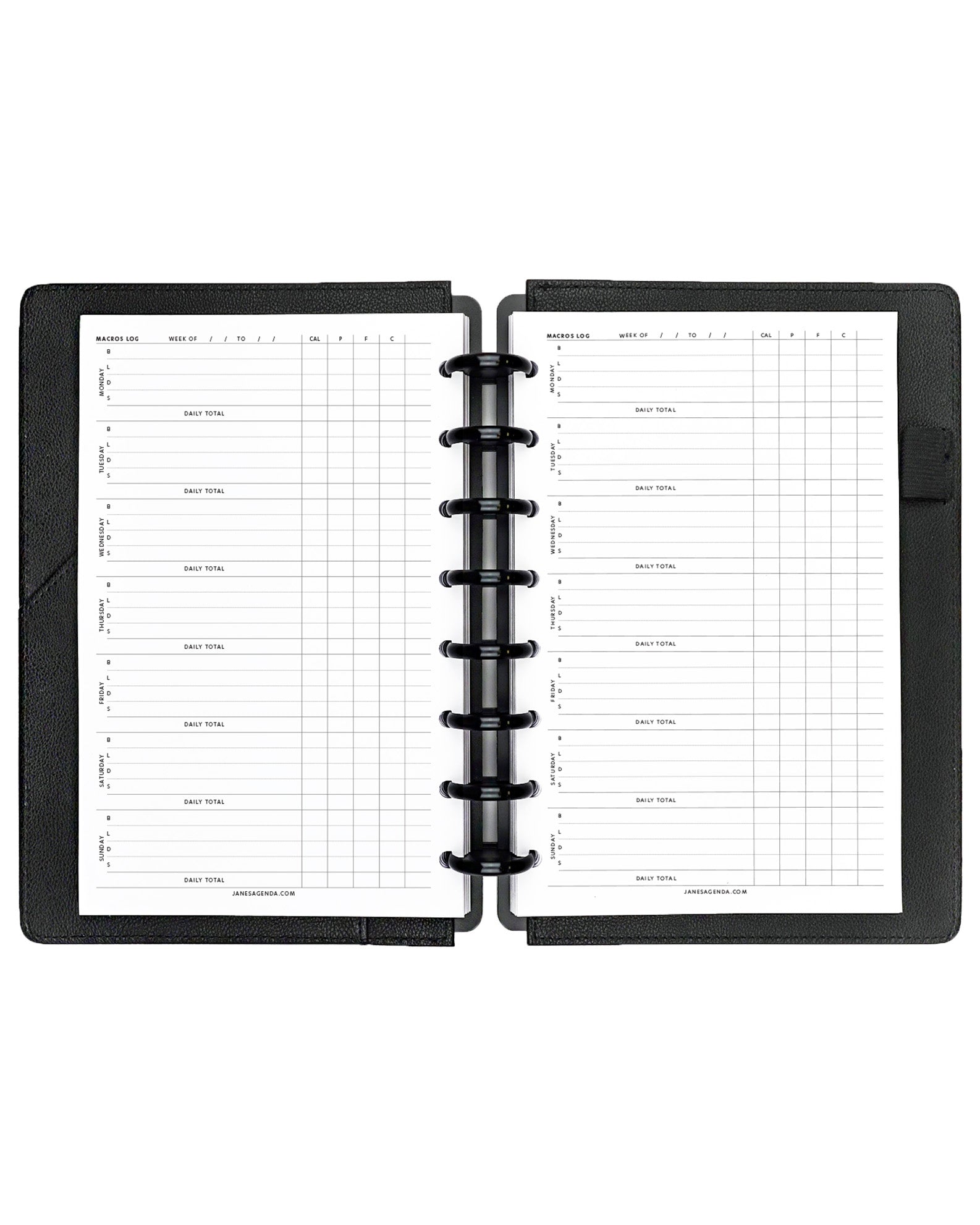 Macros log planner inserts to log your diet and weight loss journey in your discbound planner, disc notebook, or A5 size planner binder system by Jane's Agenda.