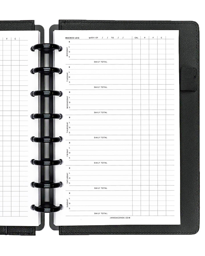 Macros log planner inserts to log your diet and weight loss journey in your disc-bound planner or disc notebook system by Jane's Agenda.