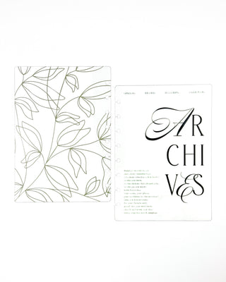 A clear plastic discbound planner cover with typography text and other font and a quote, with green elements on a white background.
