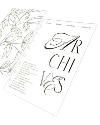 A clear plastic discbound planner cover with typography "Archives" text, a qoute, and green line art on a white background.