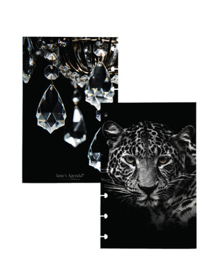 Jane's Agenda moody luxury Planner Dashboards, double sided featuring crystal chandelier and bold leopard portrait print — dark aesthetic Discbound Planner Inserts for refillable Discbound Planning systems