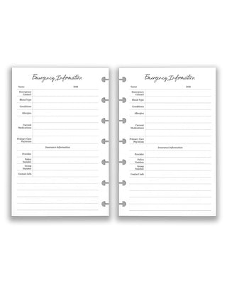 Janes Agenda discbound planning refillable inserts, medical insert pack, emergency information log
