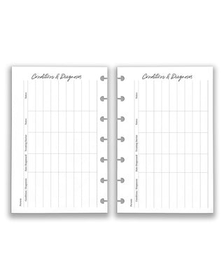 Janes Agenda discbound planning refillable inserts, medical insert pack, conditions and diagnoses tracker