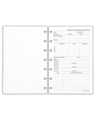 Medical and emergency information discbound planner inserts on a white background.