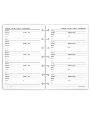 Medical and emergency information discbound planner inserts on a white background.