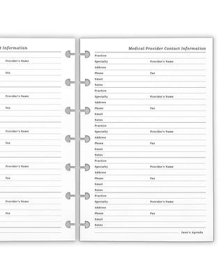 Medical and emergency information discbound planner inserts on a white background.