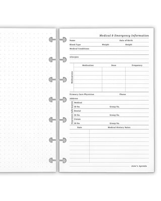 Medical and emergency information discbound planner inserts on a white background.