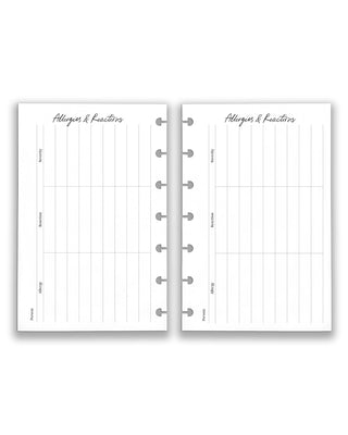 Janes Agenda discbound planning refillable inserts, medical insert pack, allergies and reactions log