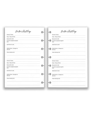 Janes Agenda discbound planning refillable inserts, medical insert pack, doctors visit prep log