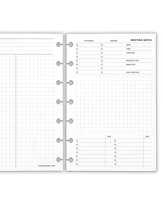 Meeting notes planner inserts for discbound planner systems.