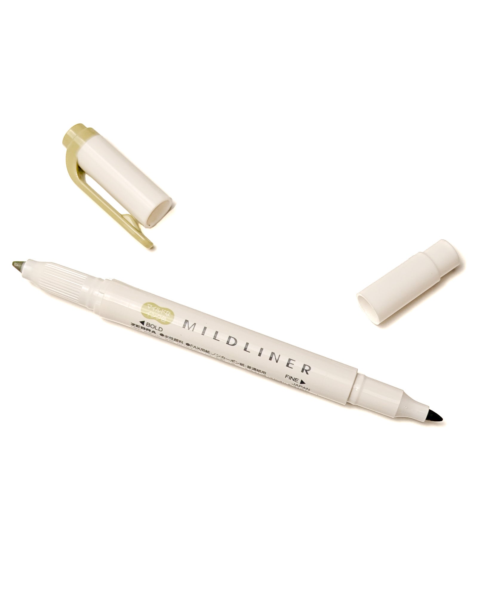 Uncapped Mildliner highlighter with dual tips, one fine and one bold, shown against a white background.