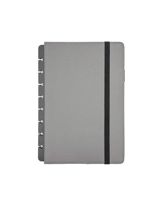 Gray notebook cover with a black strap on a white background