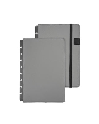 Gray planner cover with black ribbon and a pen loop on a white background