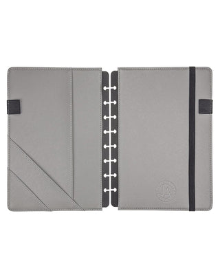 Gray planner cover with black ribbon, 2 pen loops and 3 pockets on a white background