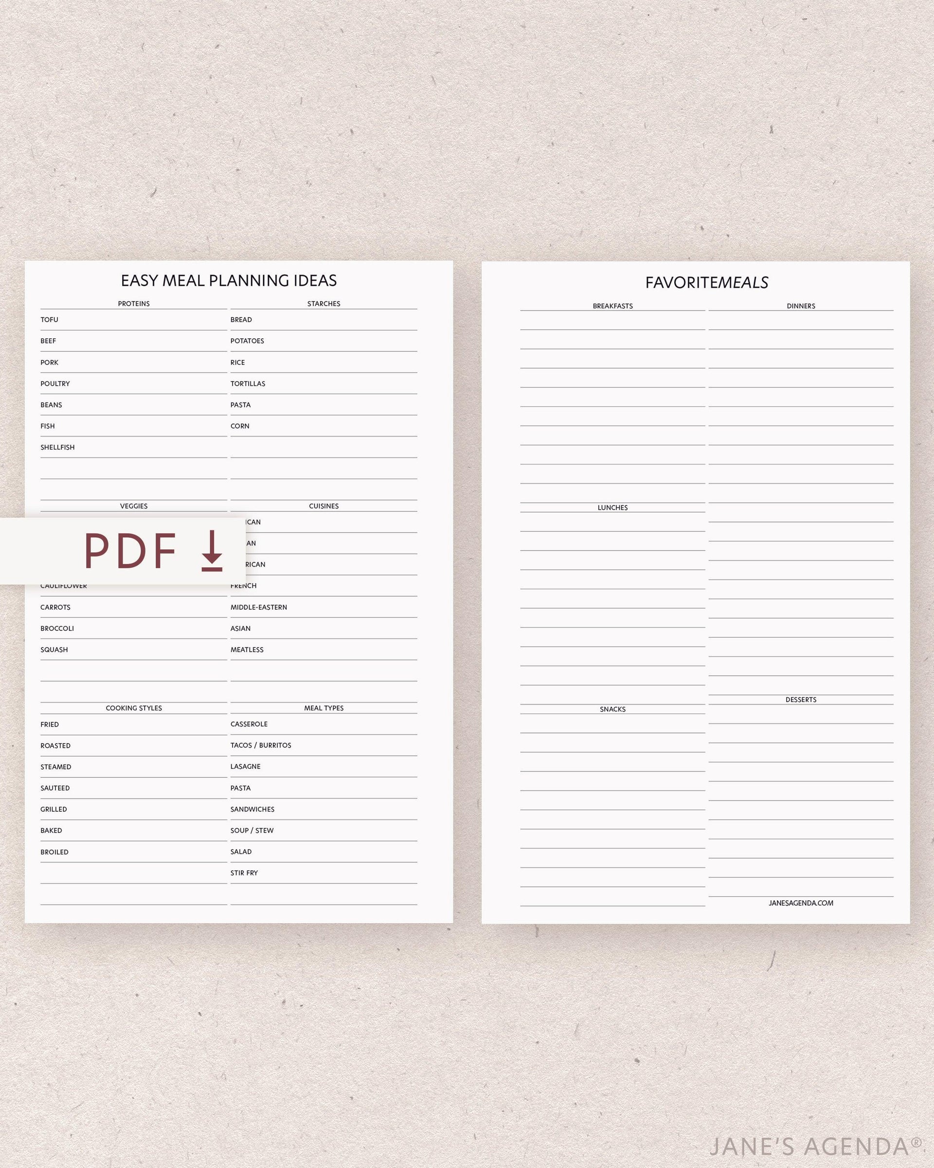 Printable Monthly Meal Planning Planner Inserts by Jane's Agenda.