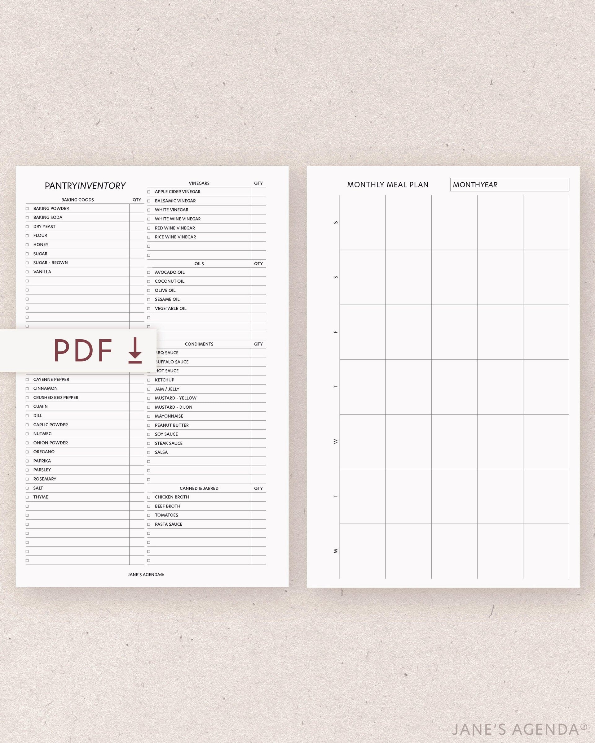 Printable Monthly Meal Planning Planner Inserts by Jane's Agenda.