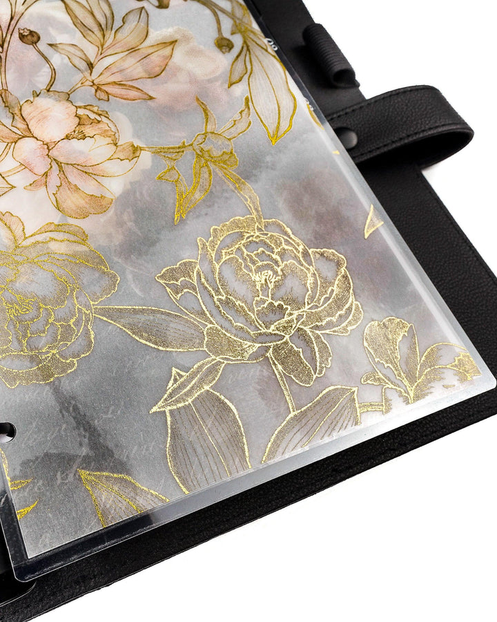 Gold foil peonies planner dashboard for discbound and six ring planner systems or notebooks by Jane's Agenda.