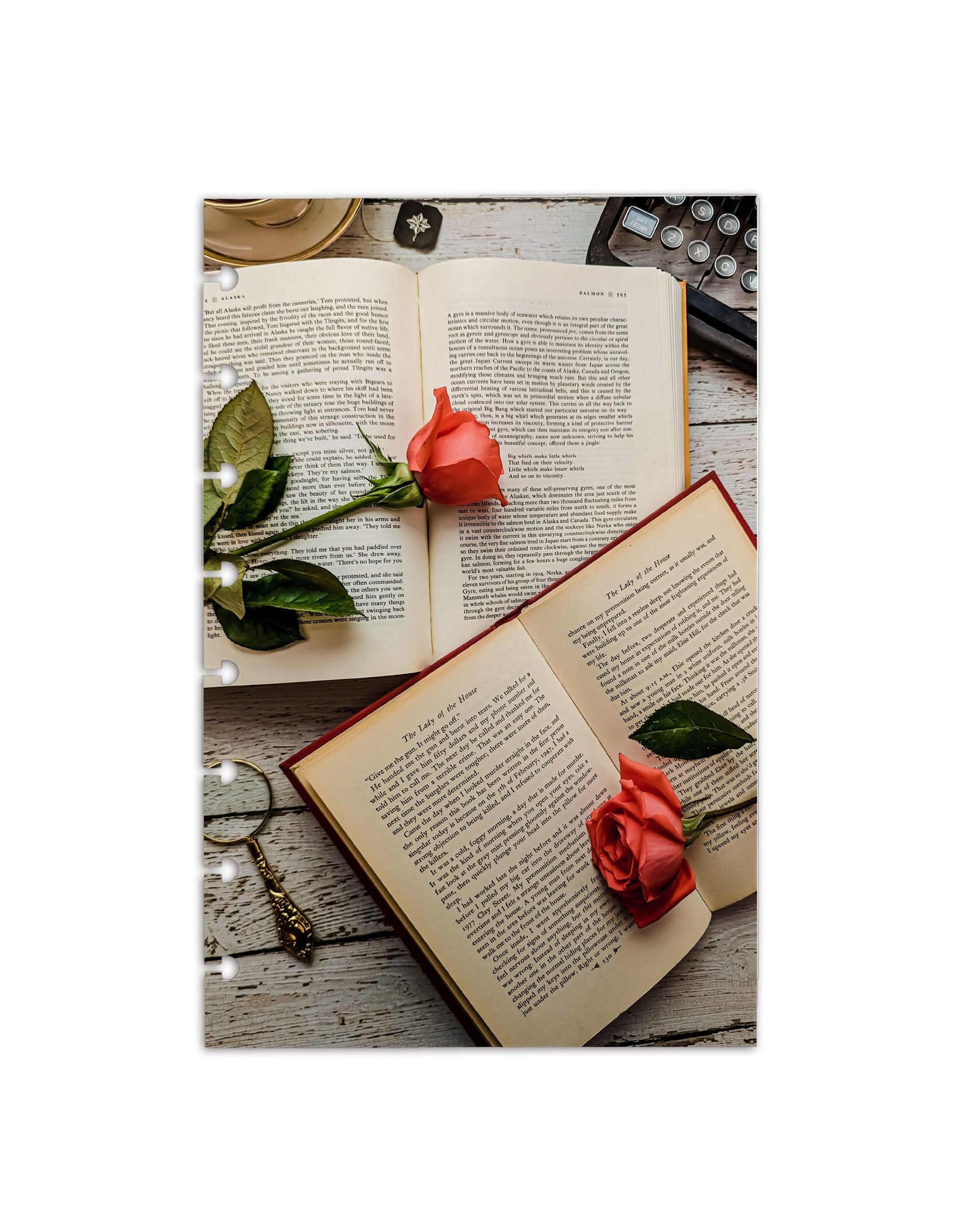 Books and roses printed on a cardstock dashboard for discbound planners, disc notebooks, and A5 size planner systems by Jane's Agenda.