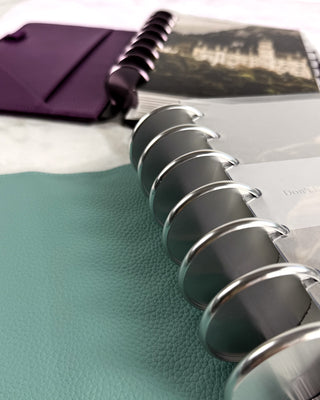 Silver discs on a disc planner with purple discs on a purple disc planner in the background.