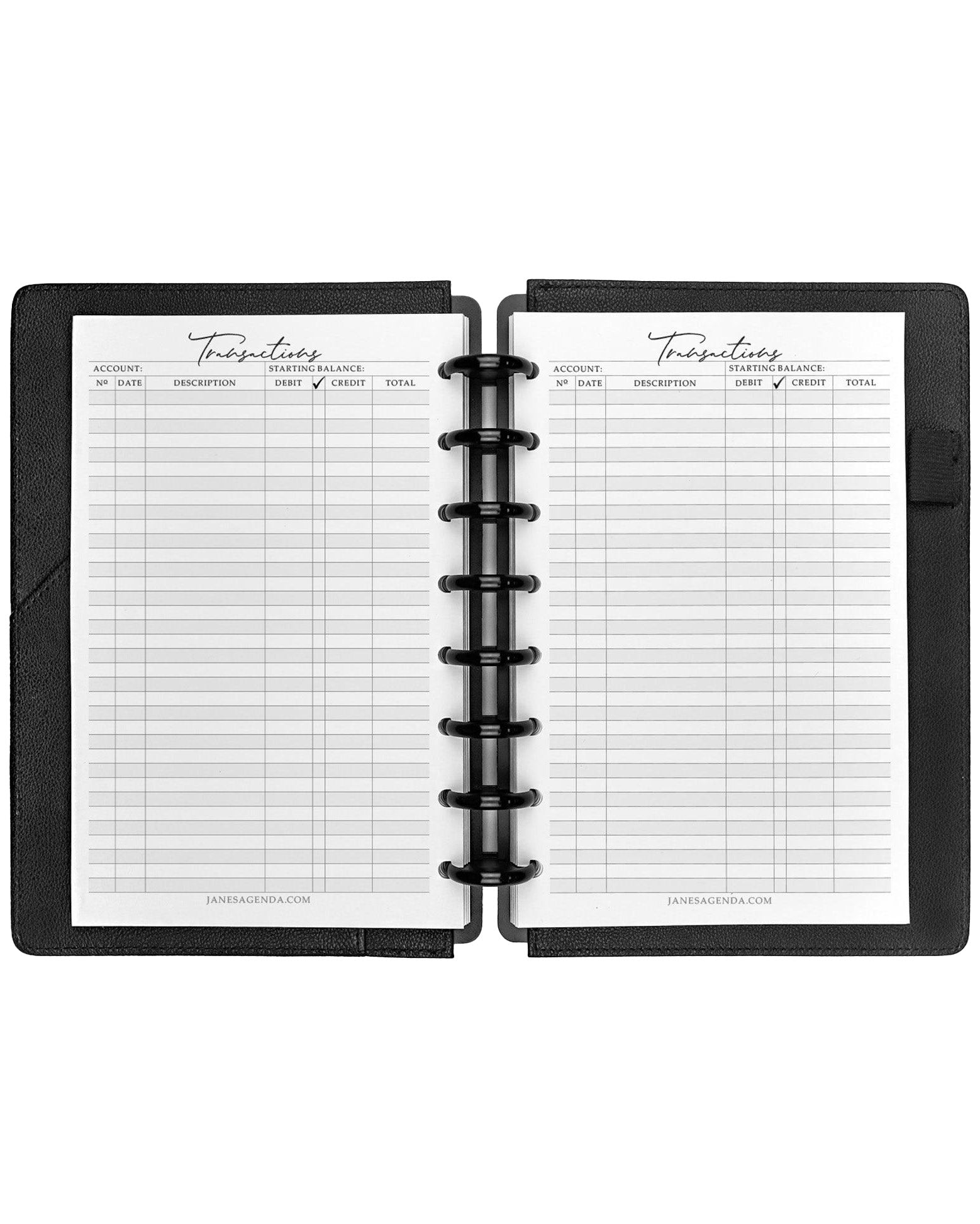 Transactions planner inserts by Jane's Agenda for discbound planners and disc notebooks.