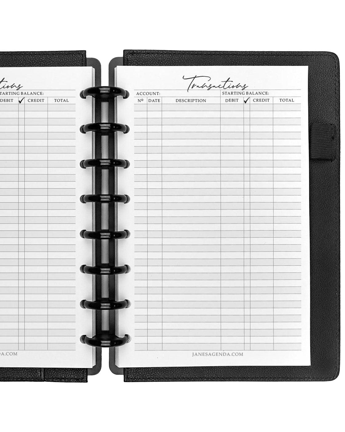 Transactions planner inserts by Jane's Agenda for discbound planners and disc notebooks.