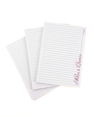 Set of three Jane’s Agenda “Notes & Quotes” lined notepads in different sizes, featuring clean ruled pages with burgundy lettering on a white background.
