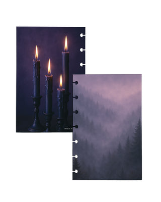 Two discbound planner dashboards with a dark, moody aesthetic: one featuring four glowing black candles in vintage candlesticks against a deep purple background, and the other showing a misty evergreen forest fading into soft shades of lavender, purple, and charcoal.
