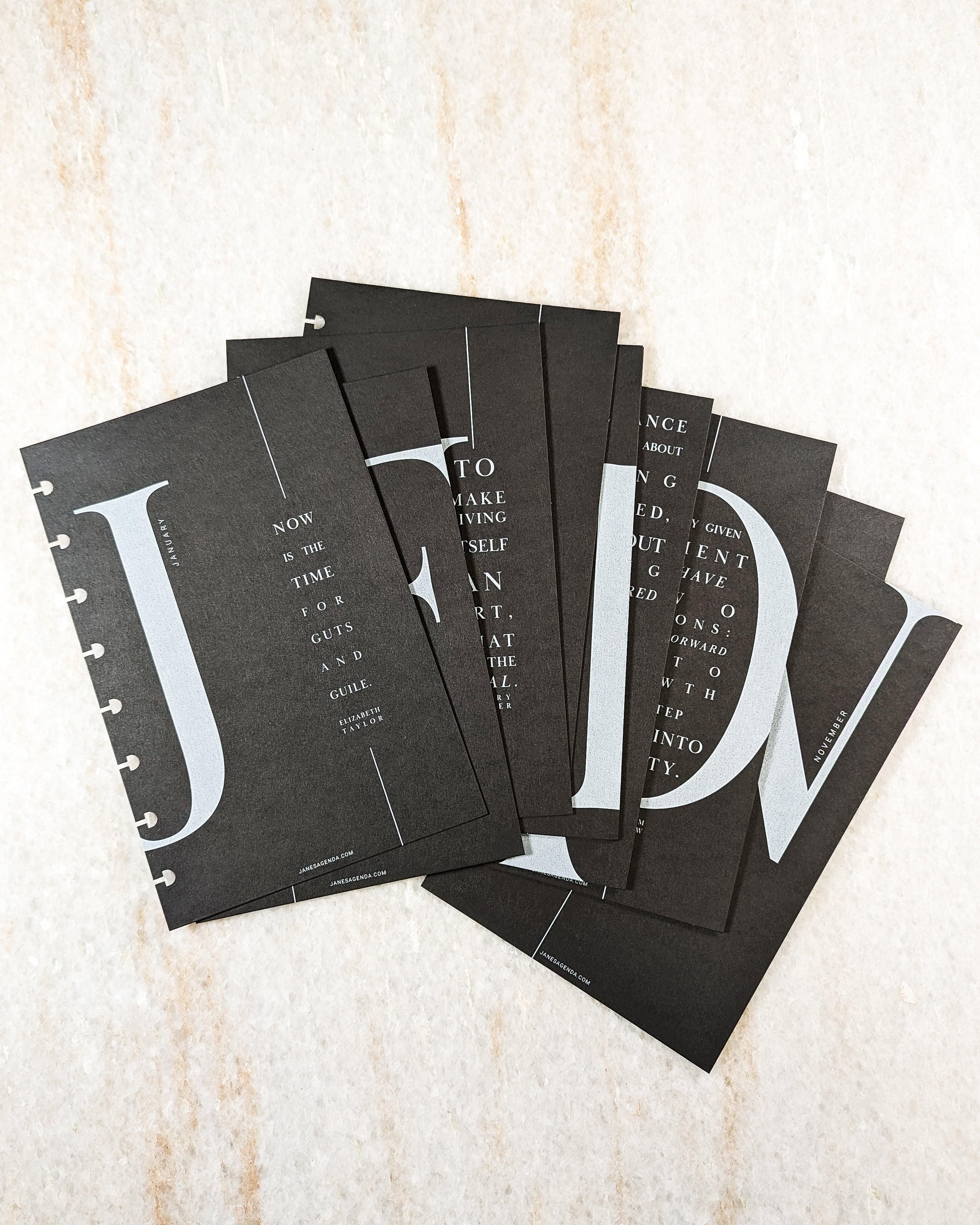 Black monthly dashboard set for discbound planners, disc notebooks, and ring bount planner binder systems by Jane's Agenda.