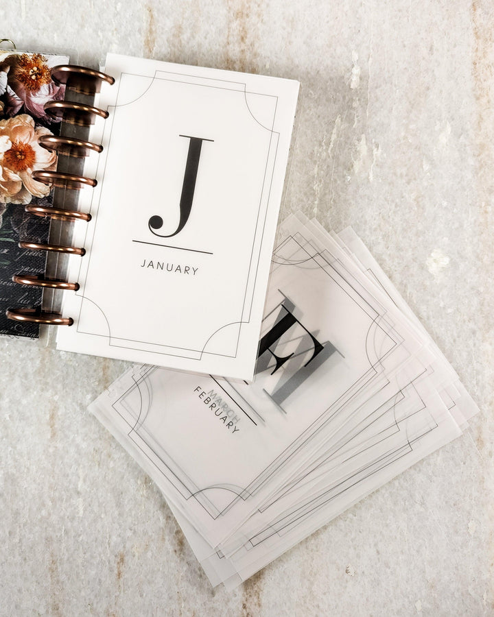 Monthly vellum dashboard set for discbound planners, disc notebooks, and ring bount planner binder systems by Jane's Agenda.