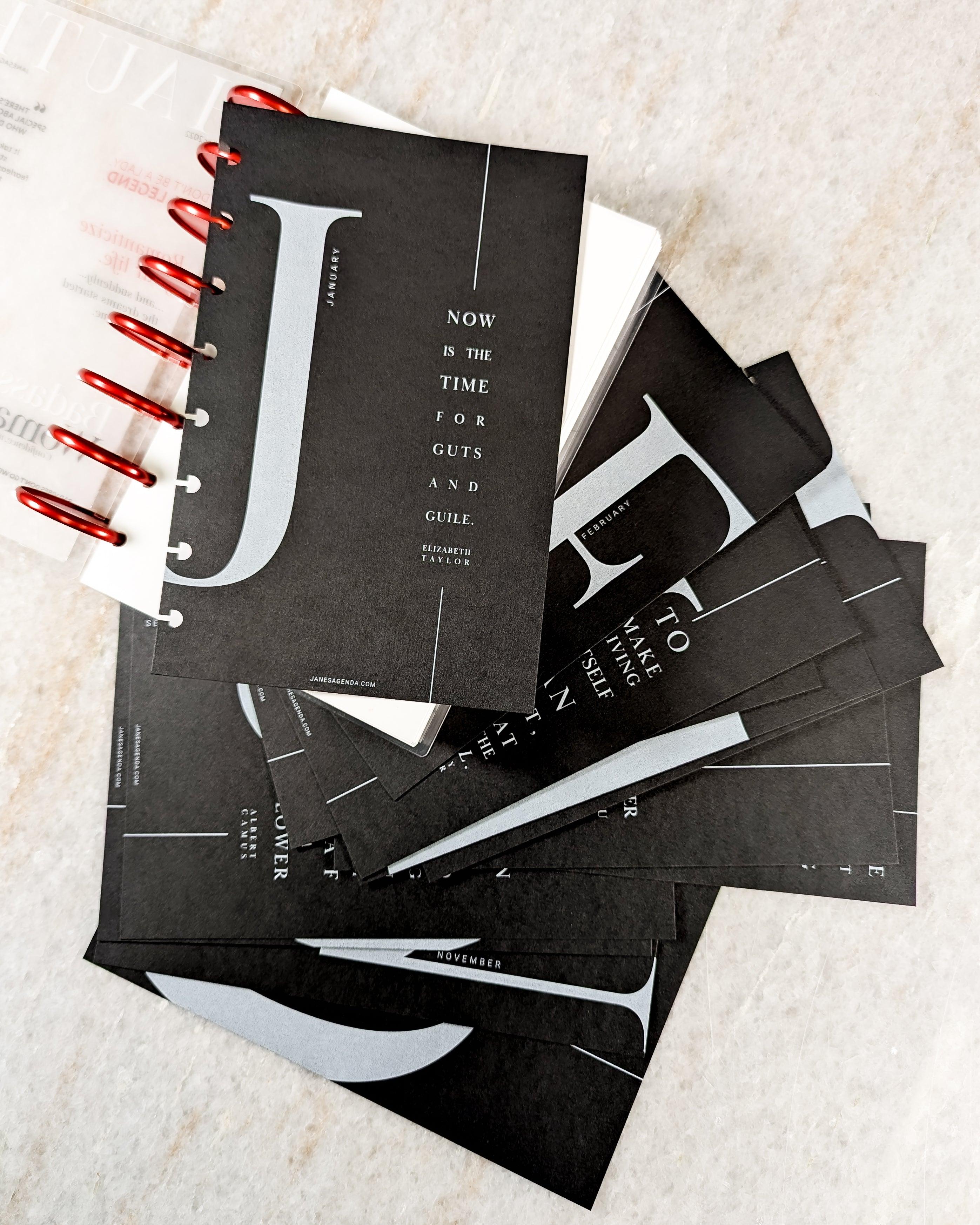 Black monthly dashboard set for discbound planners, disc notebooks, and ring bount planner binder systems by Jane's Agenda.