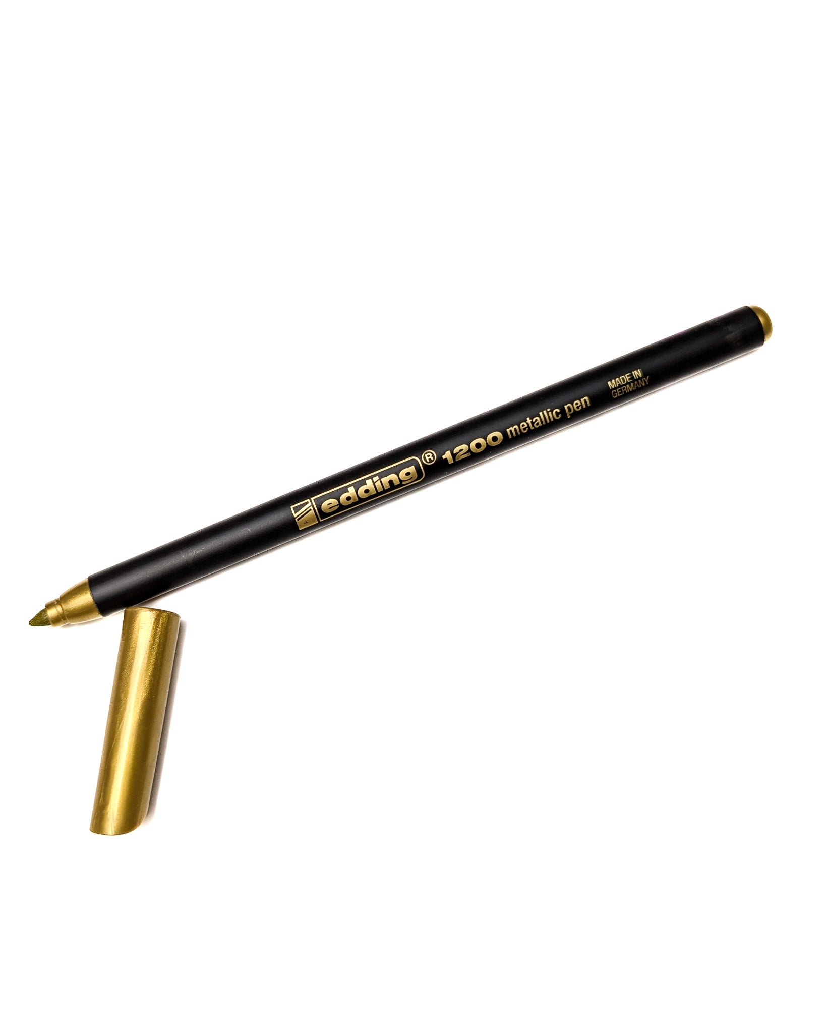 Gold Edding 1200 Metallic Pen uncapped, with the gold cap placed beside it on a white background.