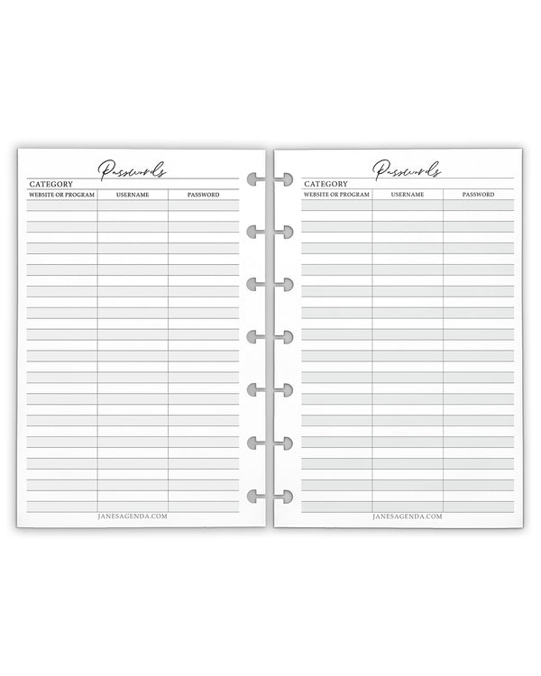 Passwords by category pages from Jane's Agenda