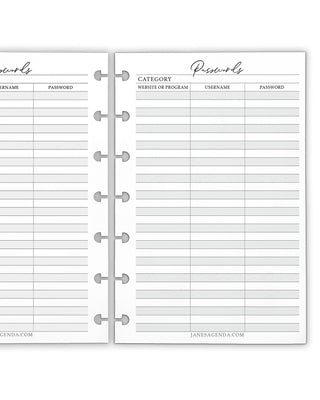 Passwords Discbound Planner Inserts by Jane's Agenda.
