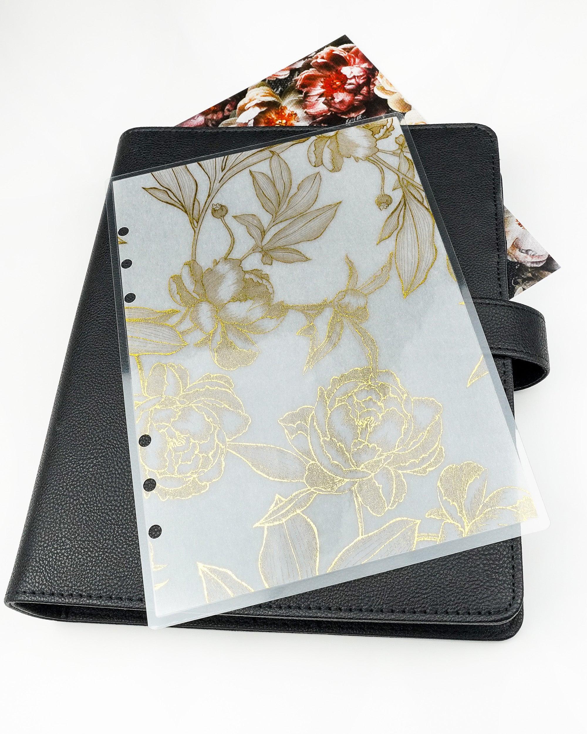 Gold foiled peonies planner dashboard for discbound and six ring planner systems or notebooks by Jane's Agenda.
