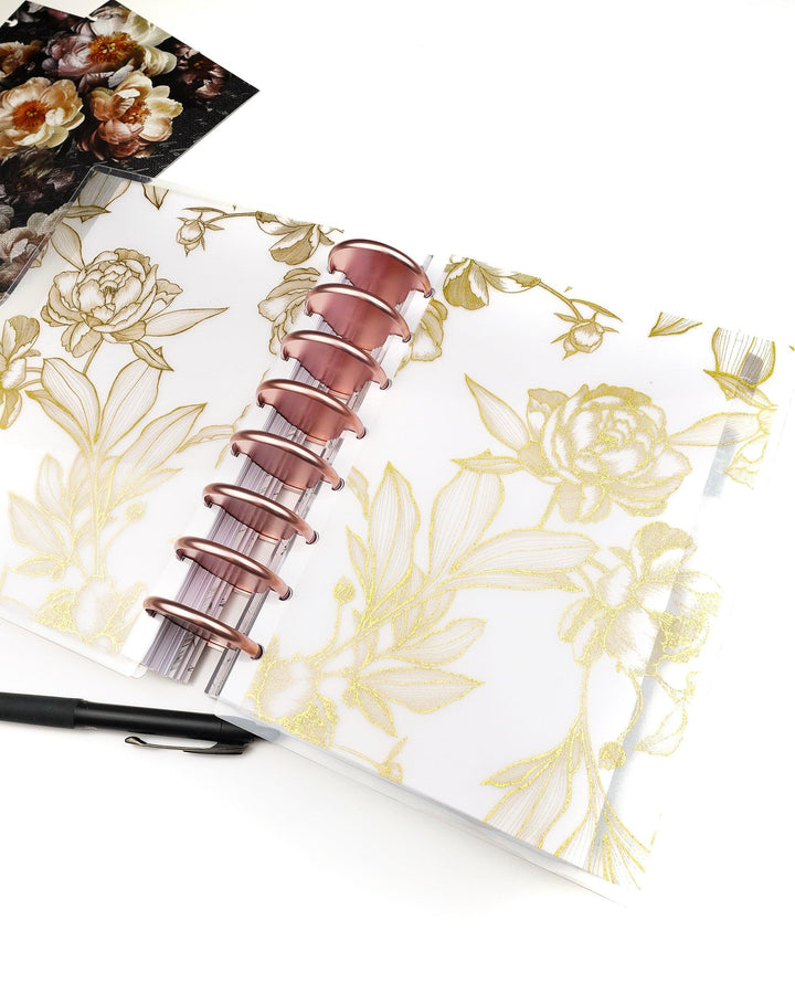 Gold foiled peonies planner cover for discbound planners and notebooks by Jane's Agenda.