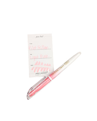 Pilot FriXion Light Erasable Highlighter in light pink, with a pen test on a white background. 