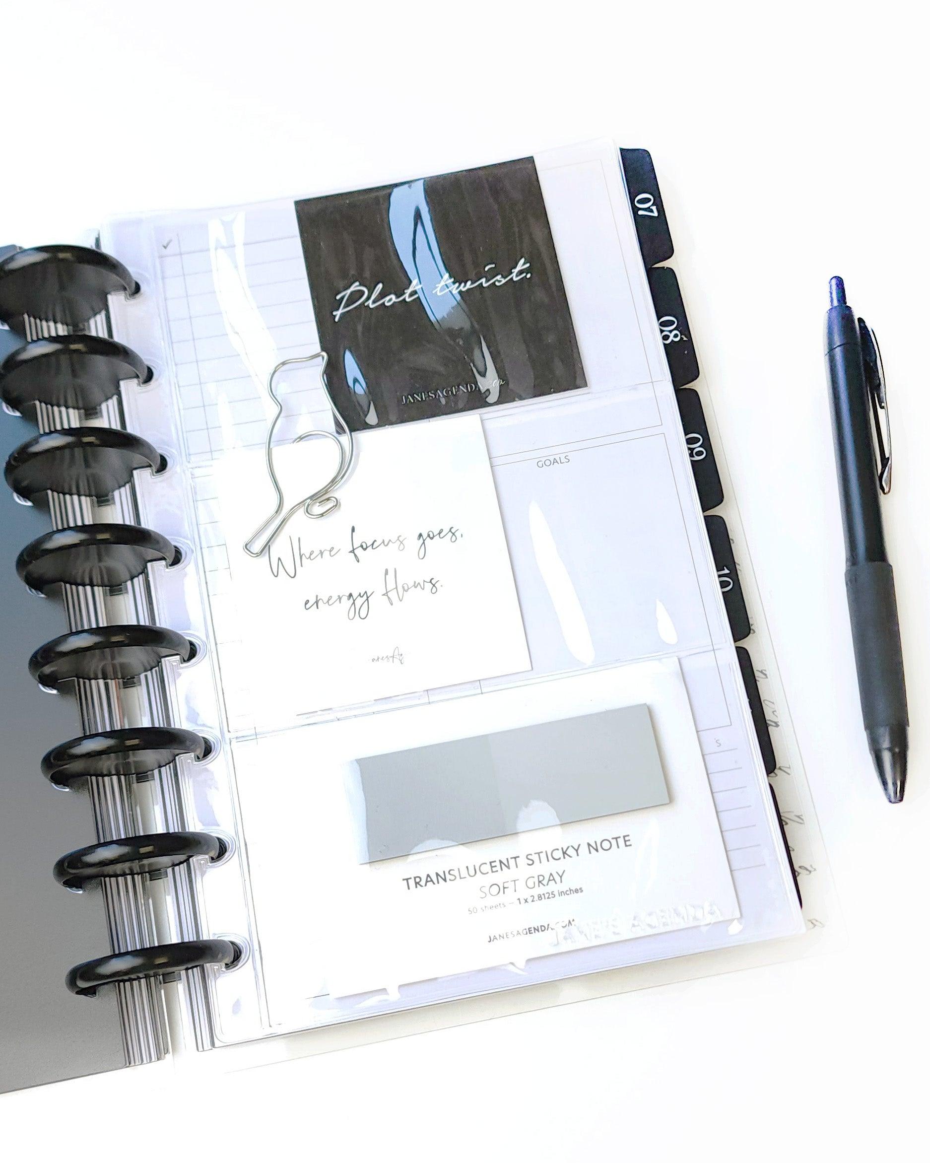 Plastic planner pockets for six ring planners, disc notebooks and discbound planners by Jane's Agenda.