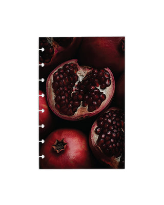 A single discbound cardstock planner dashboard of red pomagranates over a white background.