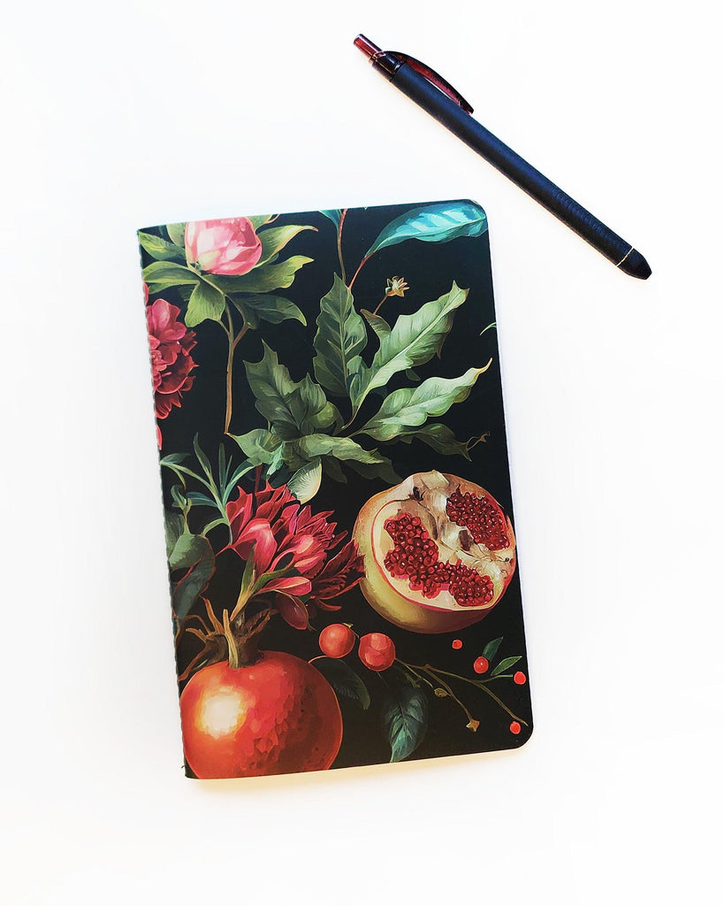 Pomegranate Lined notes journal with saddle stitching and a vibrant floral and fruit pattern by Jane's Agenda.