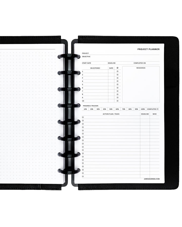 Project planning notes planner refill pages for disc-bound planners and disc sizes by Jane's Agenda.