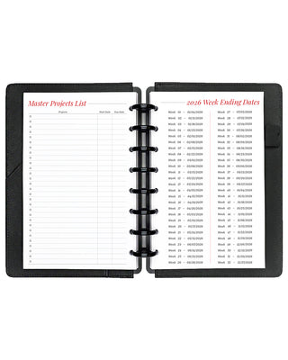 Project planner inserts inside a black discbound planner notebook over a white background.