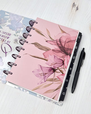 Jane's Agenda blush pink watercolor floral Discbound Planner Dashboard with numbered Tabbed Dividers and Metal Binding Discs for Discbound Planning