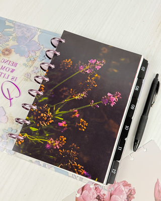 Jane's Agenda dark wildflower lavender Planner Dashboard with numbered Tabbed Dividers and Metal Binding Discs — moody botanical refillable Discbound Planner for women