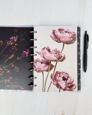 Jane's Agenda pink peony Discbound Planner Dashboard with numbered Tabbed Dividers and Metal Binding Discs — paired with dark moody lavender Planner Dashboard