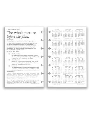 Two discbound planner pages showing text and a calendar grid on a white background