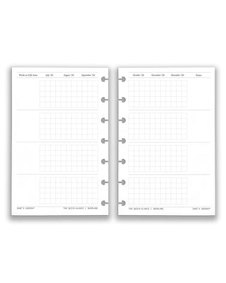 Two discbound planner pages with grid and line designs on a white background
