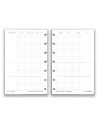 Two discbound planner pages with grid and line designs on a white background